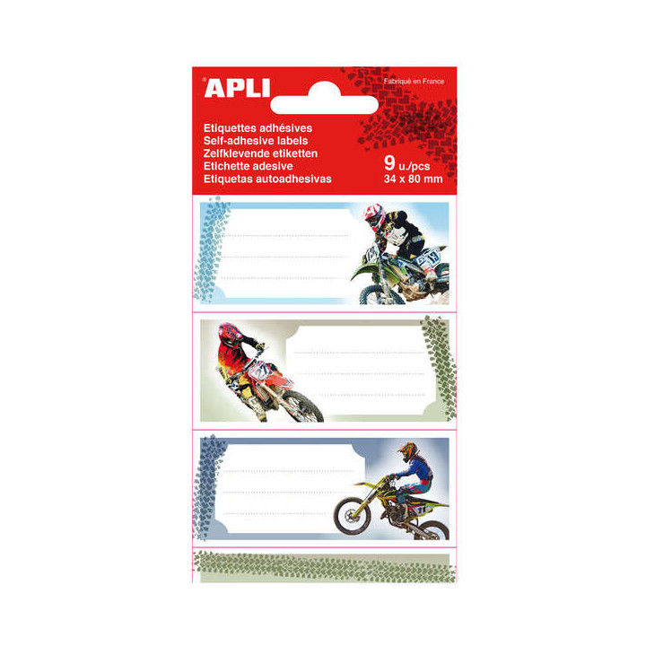 Apli Etiquetas Adhesivas Escolares Motos - Tamaño 81x36mm - 9 Etiquetas (3 por Diseño) - Adhesivo Permanente de Alta Calidad