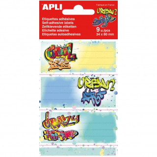 Apli Pack de 9 Etiquetas Escolares Modelo Grafitis - Tamaño 81x36mm - Adhesivo Permanente - Ideales para Marcar e Identificar