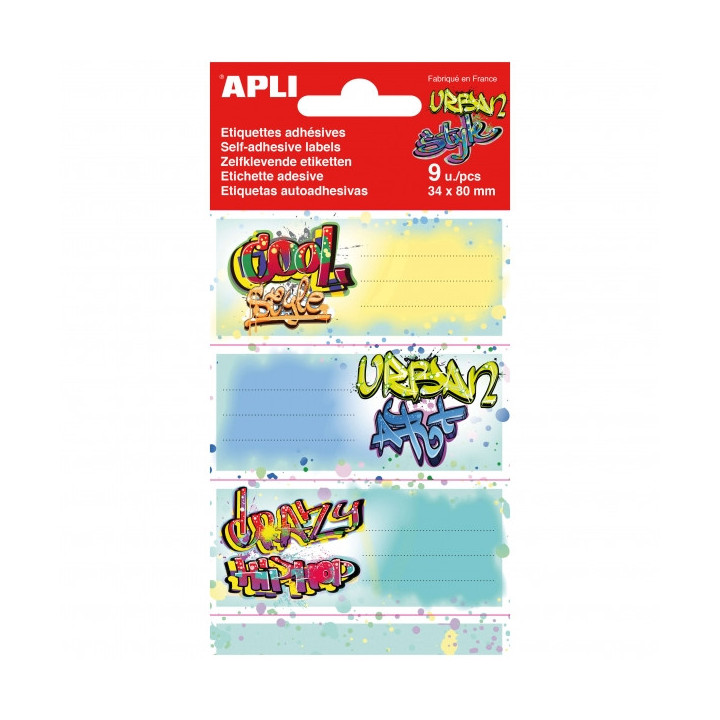 Apli Pack de 9 Etiquetas Escolares Modelo Grafitis - Tamaño 81x36mm - Adhesivo Permanente - Ideales para Marcar e Identificar