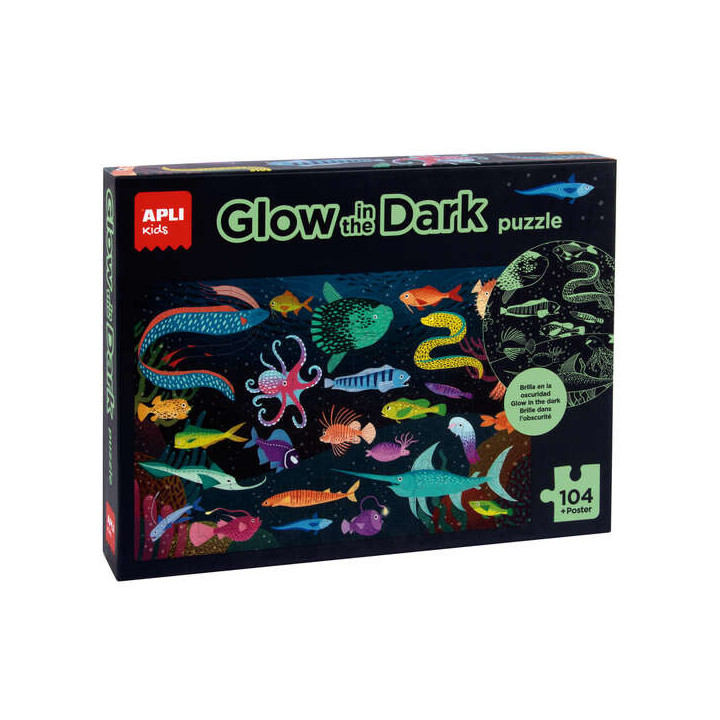 Apli Glow in the Dark Puzzle Fluorescente de 104 Piezas 5x5cm - Tematica Oceanos - Poster para Facilitar Montaje - Recomendado