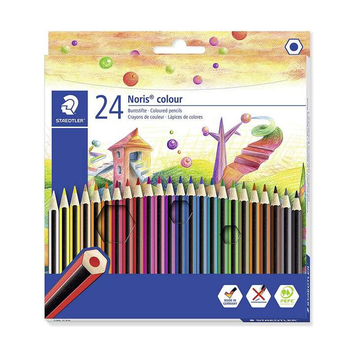 Staedtler Noris Colour 185 Pack de 24 Lapices Hexagonales de Colores - Fabricados en Wopex - Muy Resistentes - Madera de Fuente