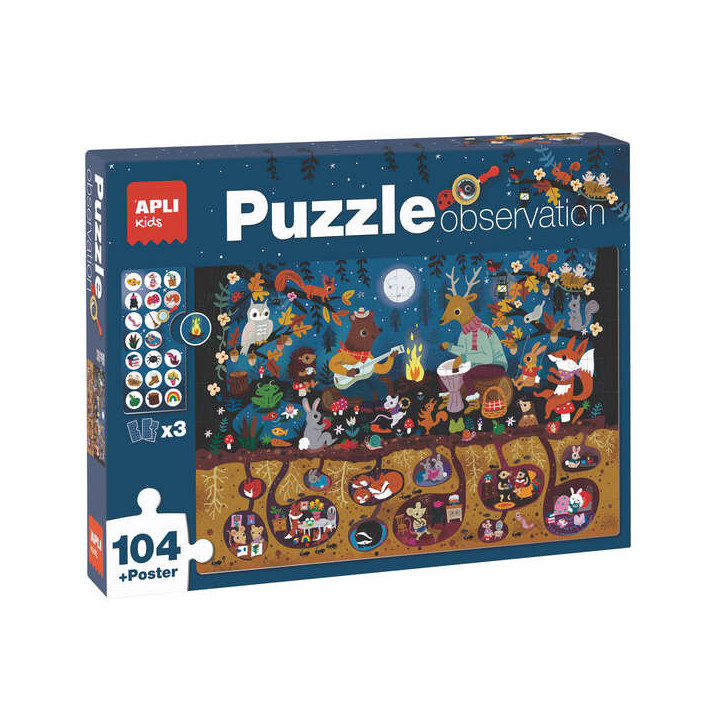 Apli Puzzle Observacion Bosque de 104 Piezas de 5x5cm - Incluye Poster y 3 Fichas - Facil Manejo - Desarrolla Habilidades y Aut