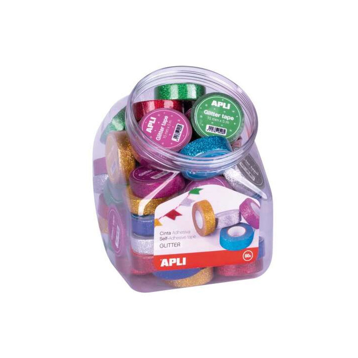 Apli Expositor con 60 Cintas Adhesivas Glitter Opacas 15 mm x 5 m - Facil de Cortar - Colores Surtidos