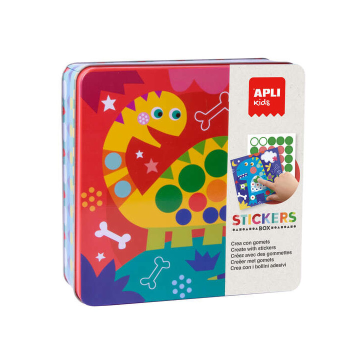Apli Kids Juego de Gomets Dino - Incluye 8 Laminas Ilustradas - 8 Hojas de Gomets Removibles - Caja Metalica Exclusiva