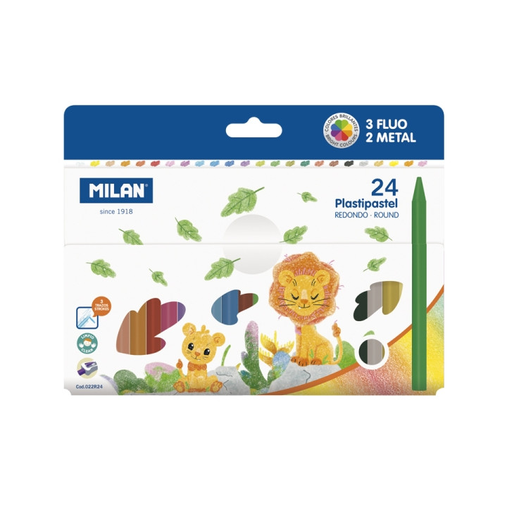 Milan Plastipastel Pack de 24 Ceras de Colores Redondas - Contiene 3 Ceras Fluo y 2 Metal - Colores Surtidos