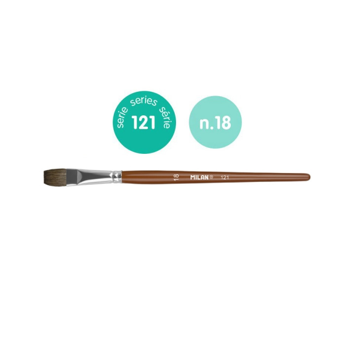 Milan 121 Pack de 6 Pinceles Escolares Planos Numero 18 - Bolsa con Colgador - Pelo de Cabra y Sintetico - Color Madera Oscuro