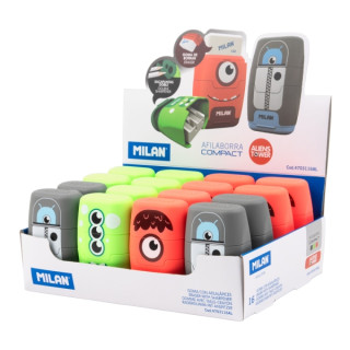 Milan Compact Aliens Expositor con 16 Afilaborras - Goma Miga de Pan - Regular y Maxi - Deposito Integrado - Cuchilla de Acero