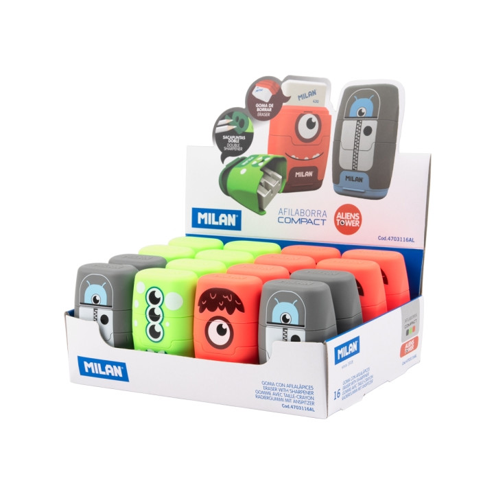 Milan Compact Aliens Expositor con 16 Afilaborras - Goma Miga de Pan - Regular y Maxi - Deposito Integrado - Cuchilla de Acero