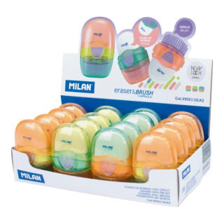 Milan Capsule New Look Expositor con 16 Gomas de Borrar con Cepillo - Colores Surtidos