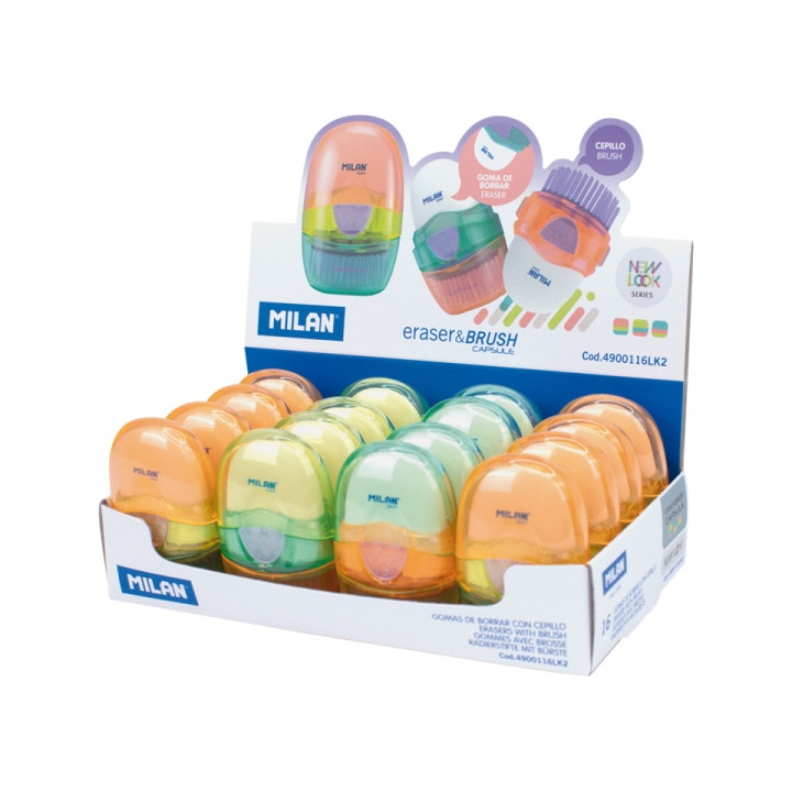 Milan Capsule New Look Expositor con 16 Gomas de Borrar con Cepillo - Colores Surtidos