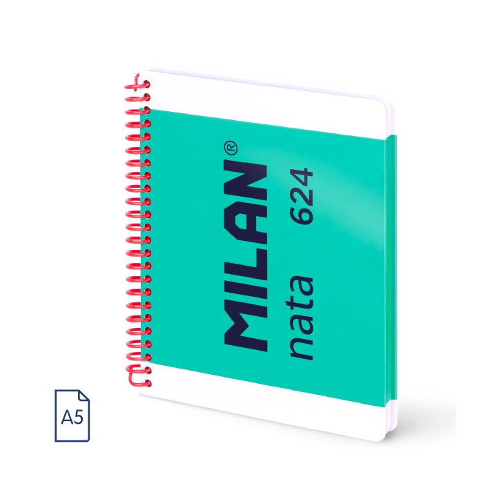 Milan Nata 624 Cuaderno A5 con Espiral - Papel a Lineas de 7mm - 80 Hojas de 95g - Tapa Dura - Color Verde