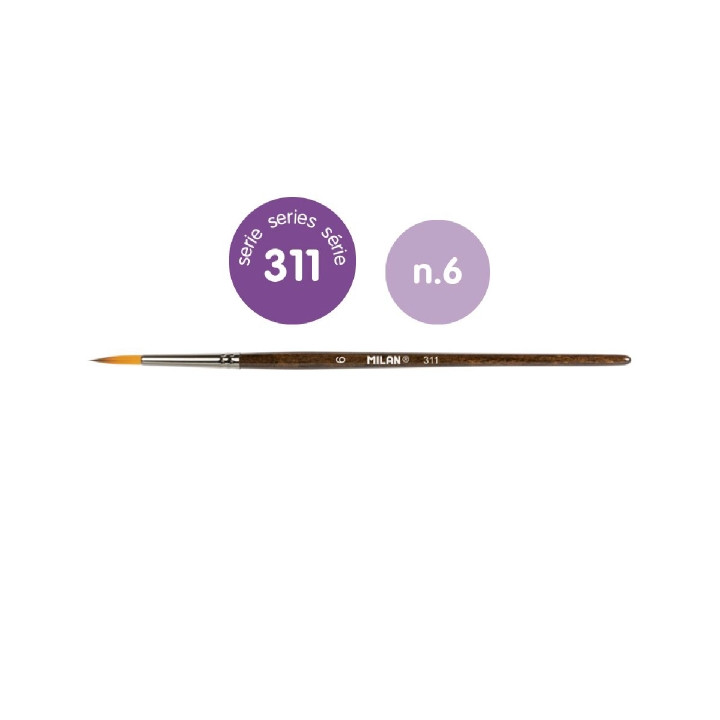 Milan 311 Pack de 12 Pinceles Redondos Numero 6 - Bolsa con Colgador - Pelo Sintetico - Color Madera Oscuro