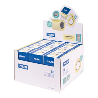 Milan Expositor con 18 Rollos Dispensadores de Banda de Papel Adhesivo - Arista para Cortes Precisos - 5Cmx10m - Color Amarillo