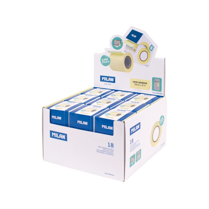 Milan Expositor con 18 Rollos Dispensadores de Banda de Papel Adhesivo - Arista para Cortes Precisos - 5Cmx10m - Color Amarillo