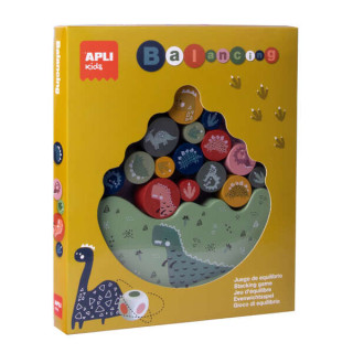 Apli Juego de Equilibrio Dinosaurios - 16 Piezas de Madera de Alta Calidad - Base Balanceante - Dado con Colores - 3 Tamaños d
