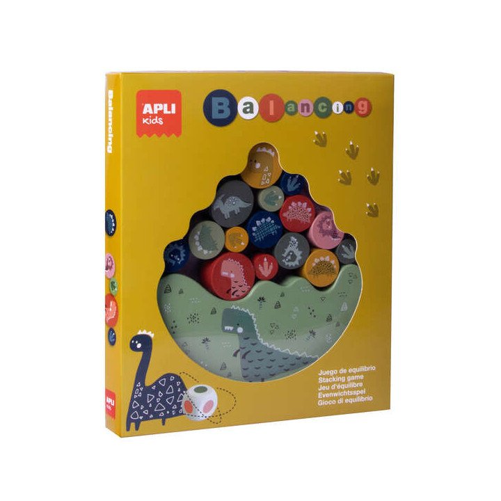 Apli Juego de Equilibrio Dinosaurios - 16 Piezas de Madera de Alta Calidad - Base Balanceante - Dado con Colores - 3 Tamaños d