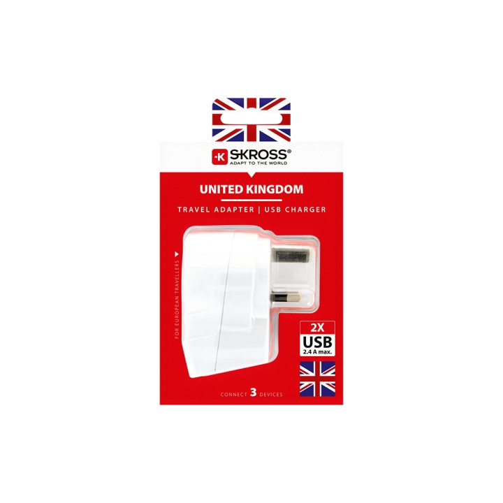 Skross Adaptador de Viaje de Europa a Reino Unido con 2 USB-A - Color Blanco