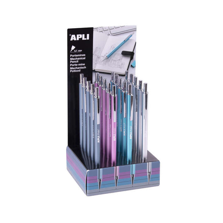 Apli Expositor de 20 Portaminas 0.7mm - Textura Soft - Capuchon y Goma de Borrar - Colores Metalizados Surtidos