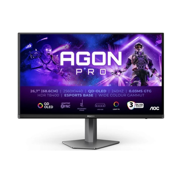 AOC AGON PRO AG276QZD2 Monitor 26.7" QD-OLED QHD 240Hz HDR400 - Respuesta 0.03ms - Altavoces 10W - Ajustable en Altura
