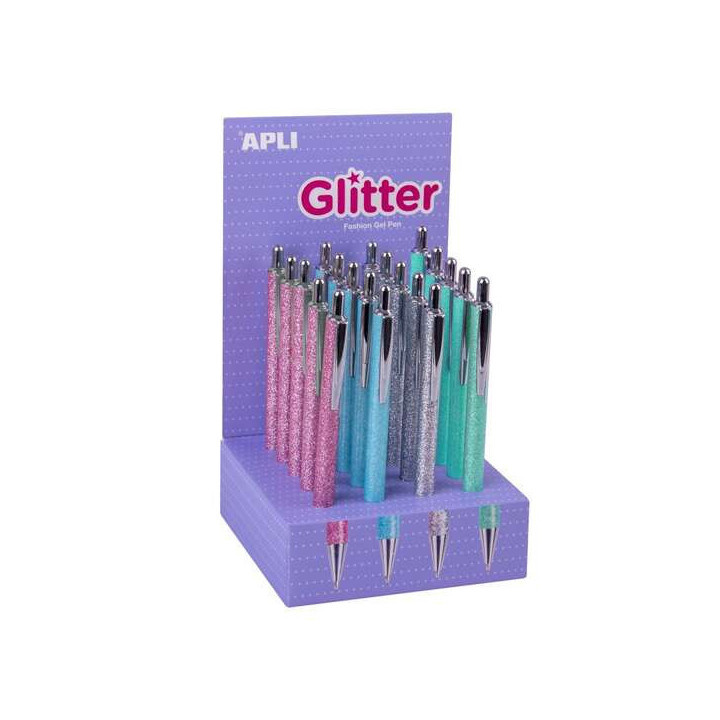 Apli Glitter Expositor de 20 Boligrafos de Metal - Tinta de Aceite - Secado Rapido - Punta 1mm - Colores Surtidos