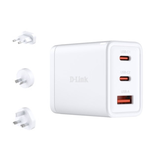 D-Link Cargador de Pared GaN de 65W - 2 USB-C y 1 USB-A - Conectores Intercambiables - Color Blanco