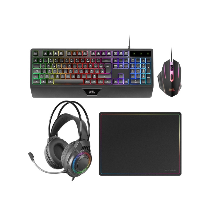 Mars Gaming MCP124PRO Combo Pack Gaming 4en1 - Teclado Hibrido H-Mech - Disposicion QWERTY ES - Raton 3200dpi - Alfombrilla Nan