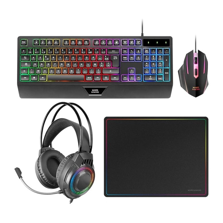 Mars Gaming MCP124PRO Combo Pack Gaming 4en1 - Teclado Hibrido H-Mech - Disposicion Francesa AZERTY FR - Raton 3200dpi - Alfomb