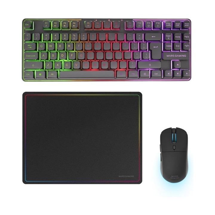 Mars Gaming MCPWTKL Combo Pack Gaming 3en1 - Teclado Hibrido H-Mech Formato TKL - Disposicion Internacional QWERTY US - Raton 3