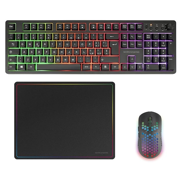 Mars Gaming MCPWX Combo Pack Gaming 3en1 - Teclado Hibrido H-Mech - Disposicion Italiana QWERTY IT - Raton 3200dpi - Switches H