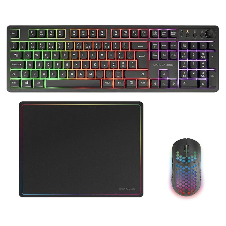 Mars Gaming MCPWX Combo Pack Gaming 3en1 - Teclado Hibrido H-Mech - Disposicion Portuguesa QWERTY PT - Raton 3200dpi - Switches