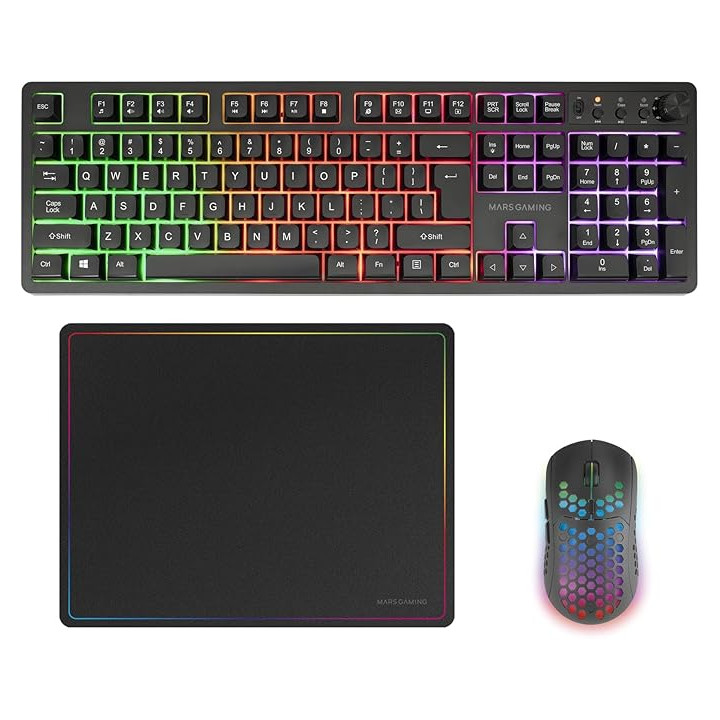 Mars Gaming MCPWX Combo Pack Gaming 3en1 - Teclado Hibrido H-Mech - Disposicion Internacional QWERTY US - Raton 3200dpi - Switc