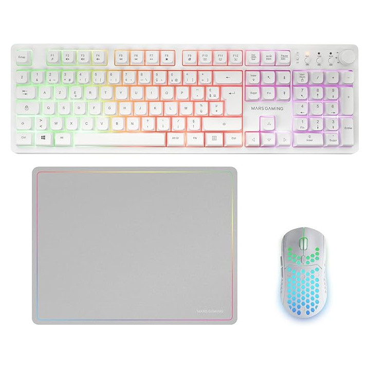 Mars Gaming MCPWX Combo Pack Gaming 3en1 - Teclado Hibrido H-Mech - Disposicion Francesa AZERTY FR - Raton 3200dpi - Switches H