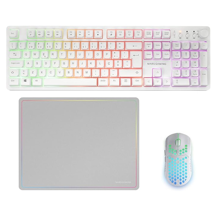 Mars Gaming MCPWX Combo Pack Gaming 3en1 - Teclado Hibrido H-Mech - Disposicion Portuguesa QWERTY PT - Raton 3200dpi - Switches
