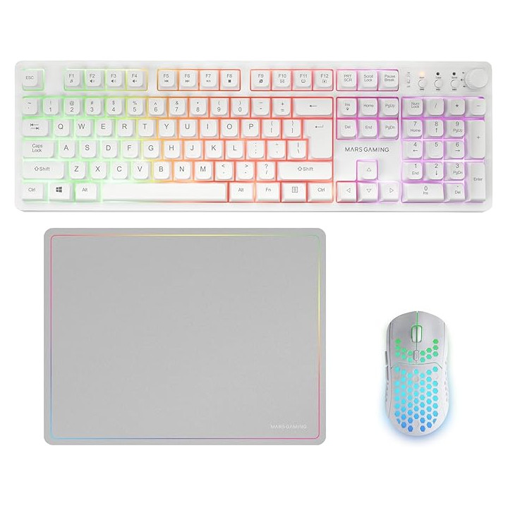 Mars Gaming MCPWX Combo Pack Gaming 3en1 - Teclado Hibrido H-Mech - Disposicion Internacional QWERTY US - Raton 3200dpi - Switc