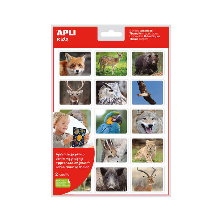 Apli Bolsa de Gomets Realistas Animales en su Habitat - 30 Gomets Rectangulares Tematicos - Adhesivo Removible - Fotografias a