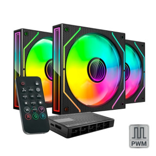 Mars Gaming MF-3DPROKIT Pack de 3 Ventiladores de 120mm - Iluminacion ARGB Infinity Mirror 360º - Silencioso 12dB - Mando a Di