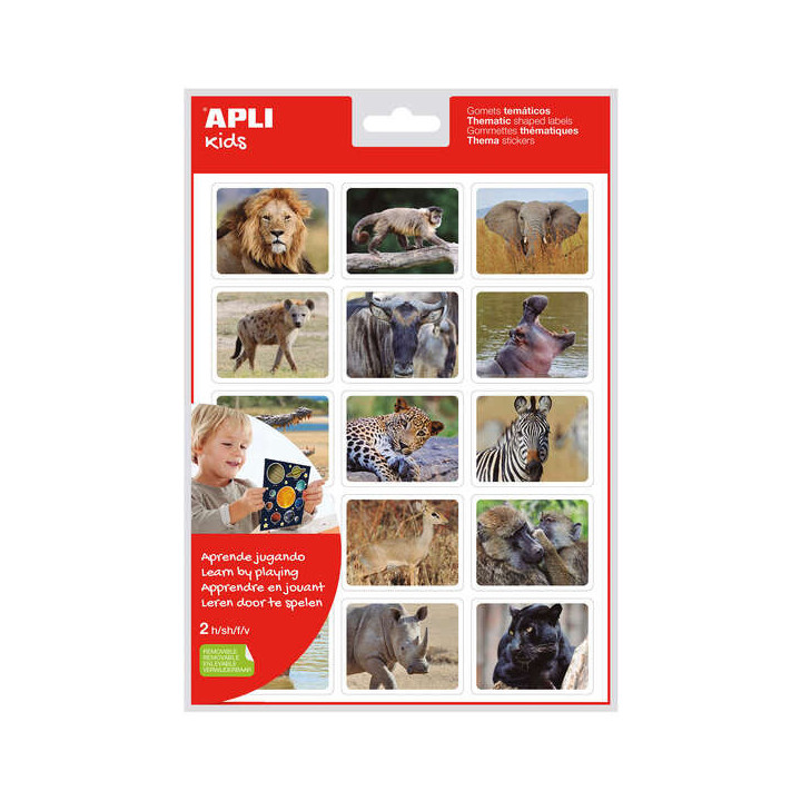 Apli Gomets Realistas Animales en su Habitat - 30 Gomets Tematicos Rectangulares por Bolsa - Imagenes Realistas de Animales Sal