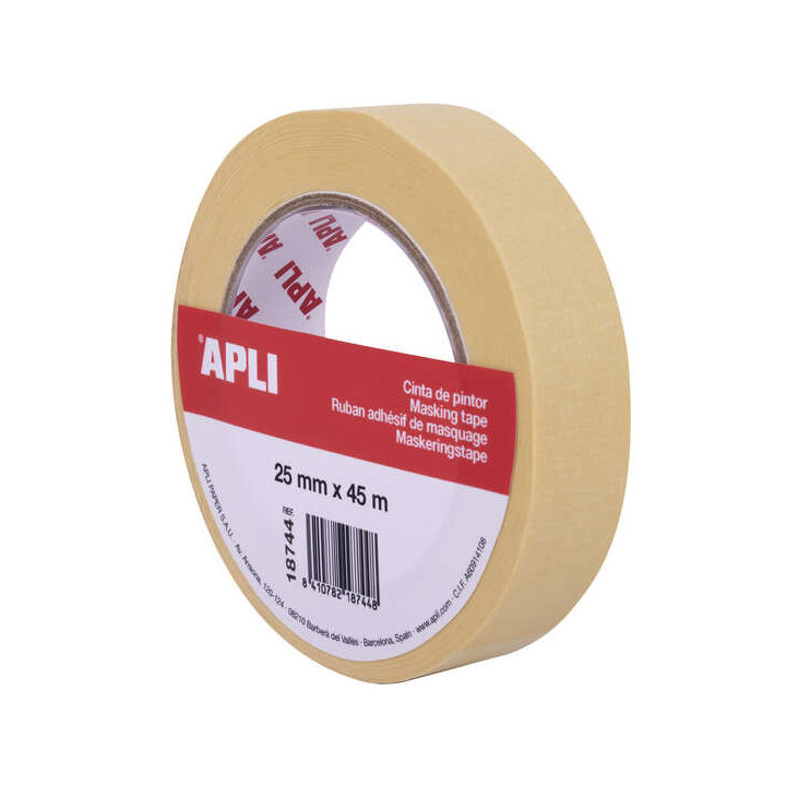 Apli Cinta Pintor 25mm x 45m - Facil de Cortar y Aplicar - Adhesion Fuerte y Duradera - Resistente a la Humedad y a la Abrasion