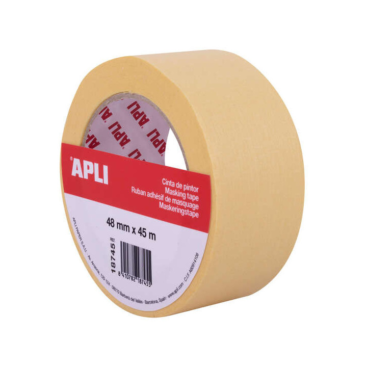 Apli Cinta Pintor 48mm x 45m - Papel de 57 g/m² - Facil de Cortar y Aplicar - Resistente a la Humedad - Ideal para Pintura y D