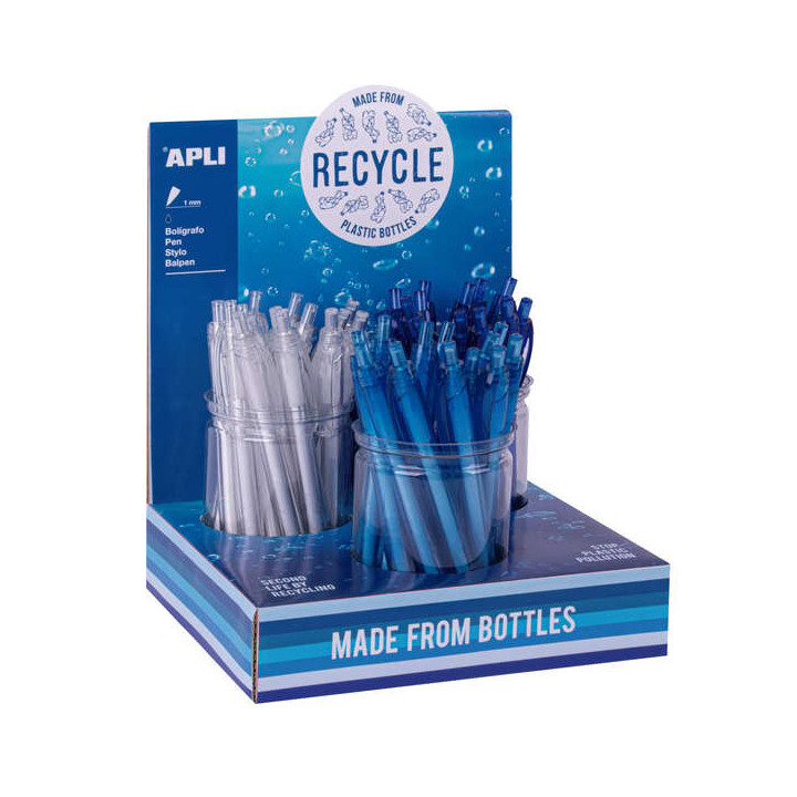 Apli Boligrafo Ecologico - Punta de 1mm - Fabricado con 80% Pet Reciclado - Expositor con 36 Unidades en 3 Colores