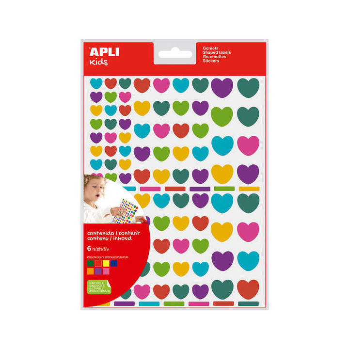 Apli Pack de 624 Gomets con Forma de Corazon Adhesivo Removible - Ideales para Escuelas Infantiles - Desarrollo de Habilidades