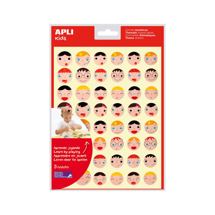 Apli Gomets Emociones - Ø 23 mm y Ø 20 mm - 144 Gomets por Bolsa - 16 Diseños Diferentes - Adhesivo Removible - Ayuda a Expr