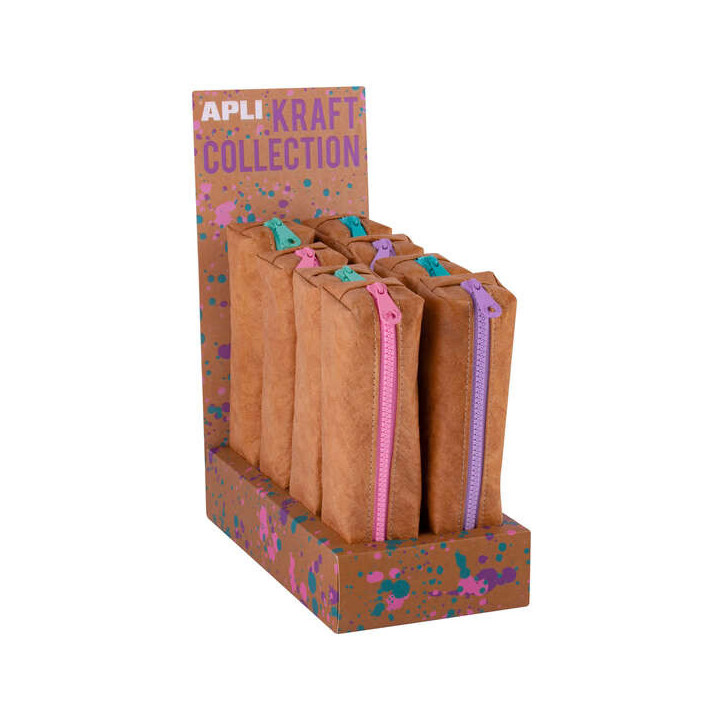 Apli Kraft Collection - Expositor Compacto de 8 Estuches - Estuches de 50x50x210mm - Textura Kraft y Cremallera de Colores Past