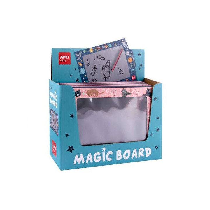 Apli Expositor con 24 Pizarras Magicas con Boligrafo - Diseños Gatos y Sistema Solar - Ni Mancha ni se Gasta