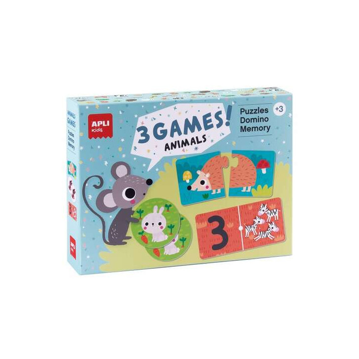 Apli Set de 3 Juegos Animales: 1 Puzzle de 24 Piezas