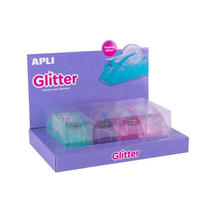 Apli Expositor Portarrollos Cinta Adhesiva Glitter Collection - 19x33mm - 4 Portarrollos Metacrilato Purpurina - Cuchilla Denta