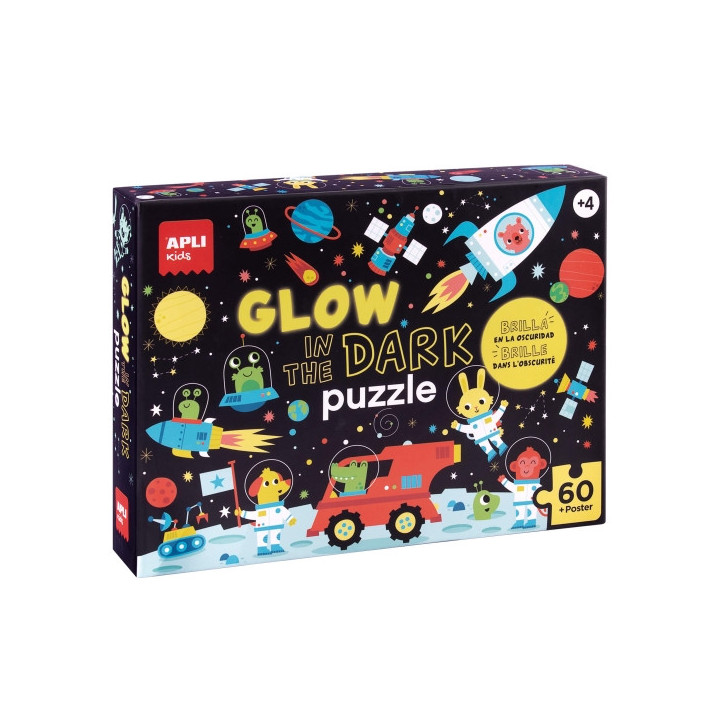 Apli Glow in the Dark Puzzle Fluorescente de 60 Piezas 6x6cm - Tematica Espacio - Efecto Fluorescente que Revela Diseños Ocult