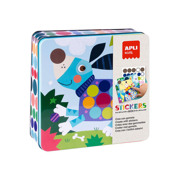 Apli Juegos de Gomets Perros en Caja Metalica - Incluye 8 Laminas Ilustradas y 8 Hojas de Gomets Removibles - Alto Valor Didact