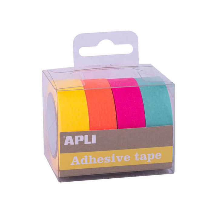 Apli Fuor Pack con 4 Cintas Adhesivas de Papel Washi 15mmx10m - Decoracion y Manualidades - Colores Fluor Surtidos