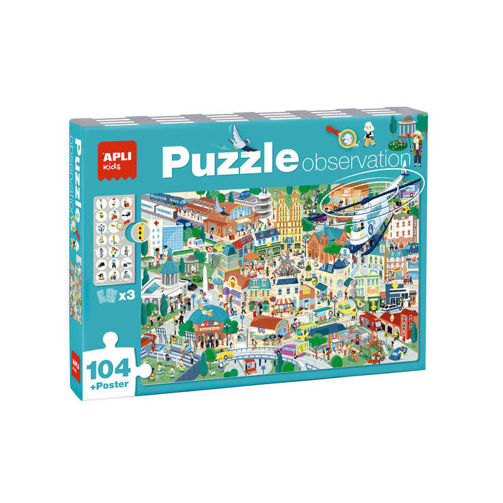 Apli Puzzle Observacion Ciudad de 104 Piezas de 5x5cm - Incluye Poster y 3 Fichas - Facil Manejo - Desarrolla Habilidades y Aut